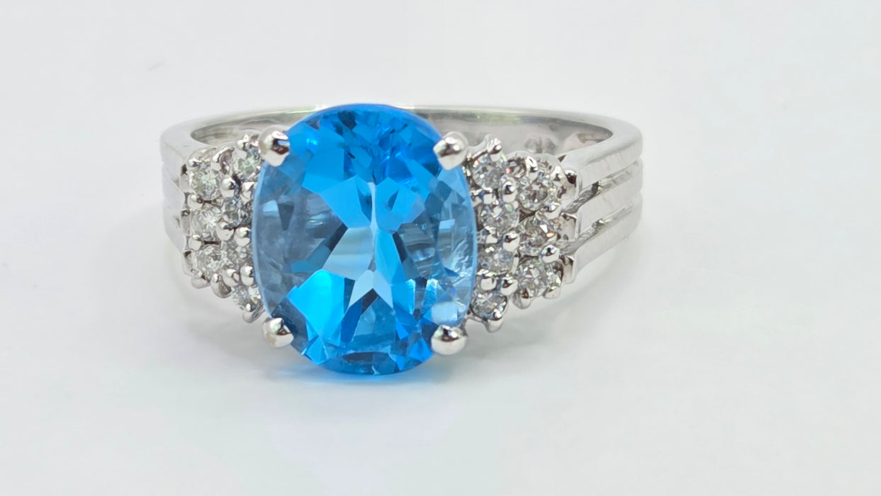 Vintage: 9ct White Gold Swiss Blue Topaz & Diamond Ring — From 2000