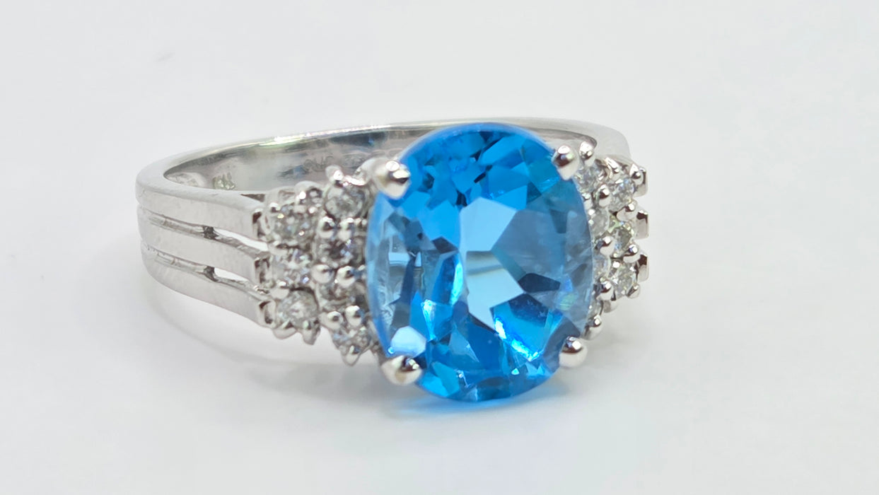 Vintage: 9ct White Gold Swiss Blue Topaz & Diamond Ring — From 2000