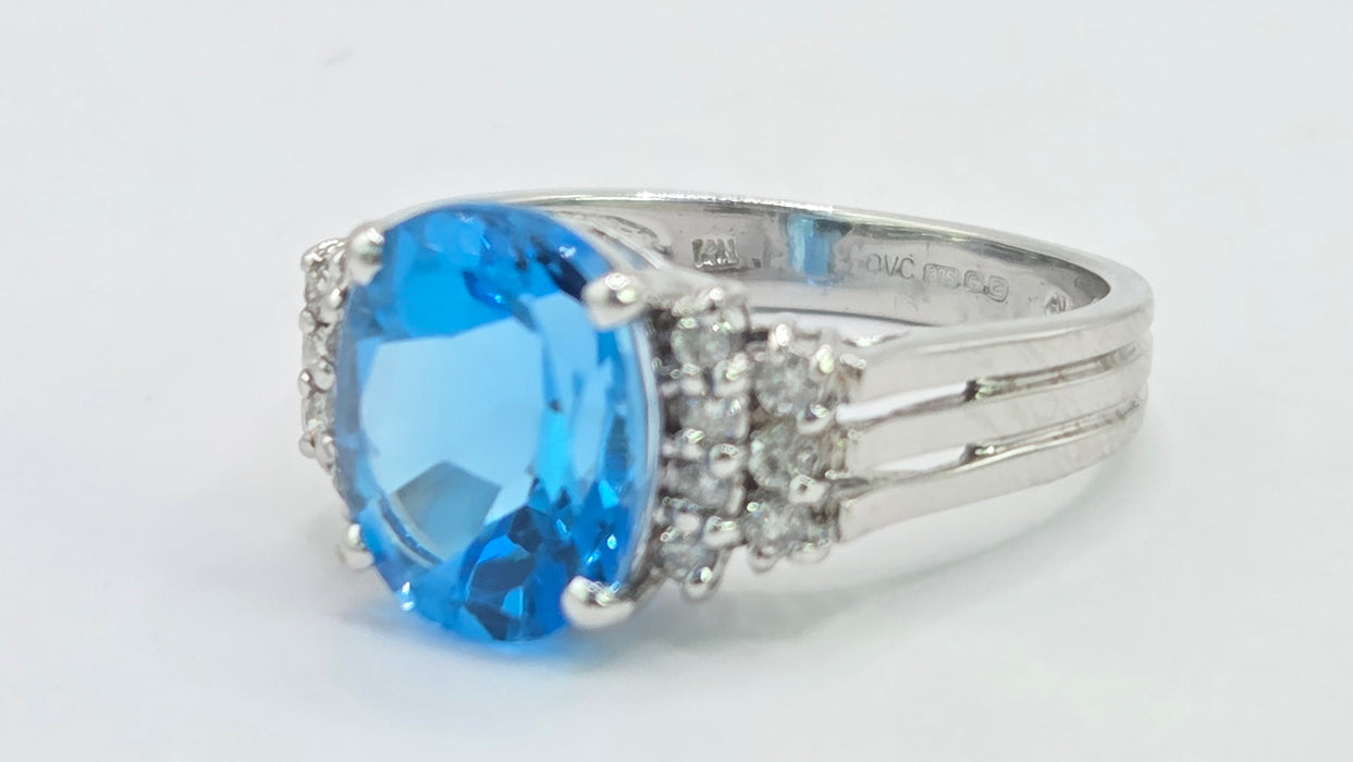 Vintage: 9ct White Gold Swiss Blue Topaz & Diamond Ring — From 2000