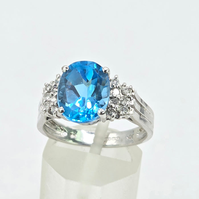 Vintage: 9ct White Gold Swiss Blue Topaz & Diamond Ring — From 2000