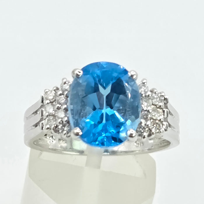 Vintage: 9ct White Gold Swiss Blue Topaz & Diamond Ring — From 2000