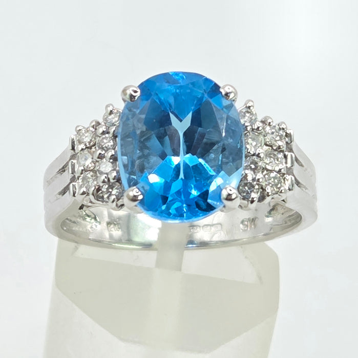 Vintage: 9ct White Gold Swiss Blue Topaz & Diamond Ring — From 2000