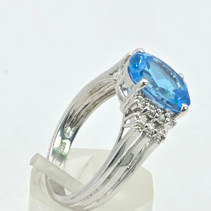 Vintage: 9ct White Gold Swiss Blue Topaz & Diamond Ring — From 2000