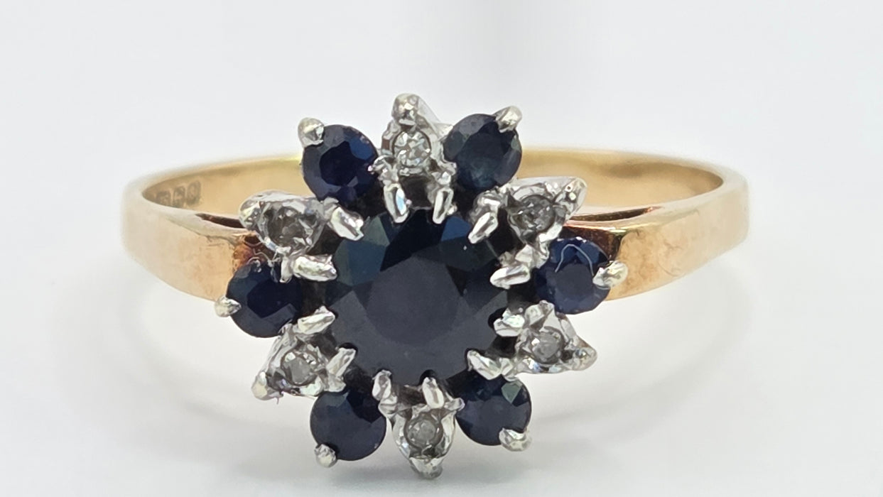 Vintage: 9ct Gold Sapphire & Diamond Flower Cluster Ring — From 1983