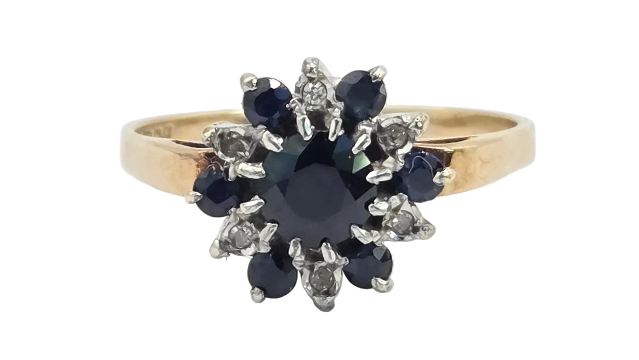 Vintage: 9ct Gold Sapphire & Diamond Flower Cluster Ring — From 1983