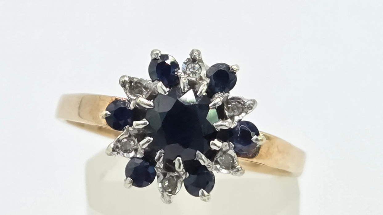 Vintage: 9ct Gold Sapphire & Diamond Flower Cluster Ring — From 1983
