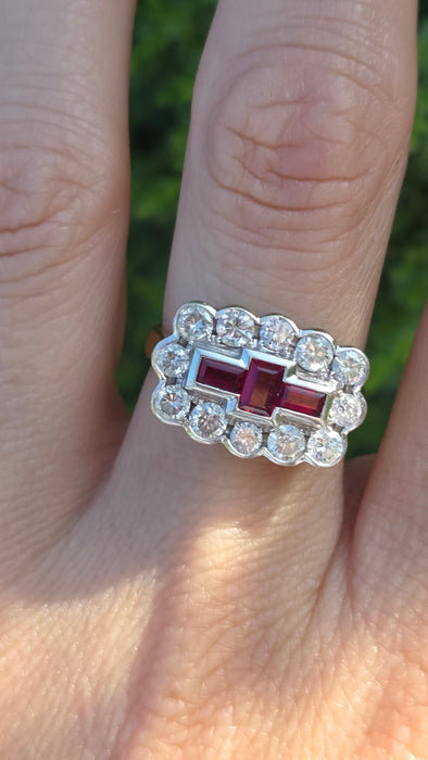 Vintage: 18ct Yellow Gold Ruby & Diamond Art Deco Style Dress Ring — 1.30ct