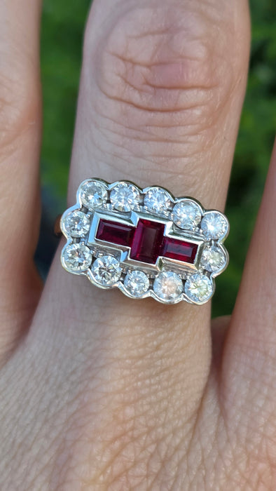 Vintage: 18ct Yellow Gold Ruby & Diamond Art Deco Style Dress Ring — 1.30ct