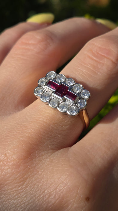 Vintage: 18ct Yellow Gold Ruby & Diamond Art Deco Style Dress Ring — 1.30ct