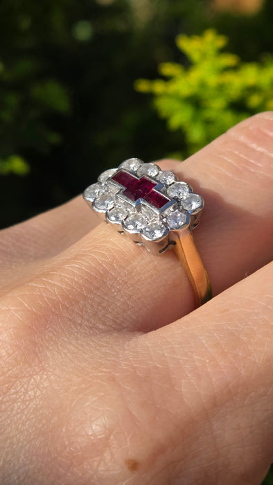 Vintage: 18ct Yellow Gold Ruby & Diamond Art Deco Style Dress Ring — 1.30ct