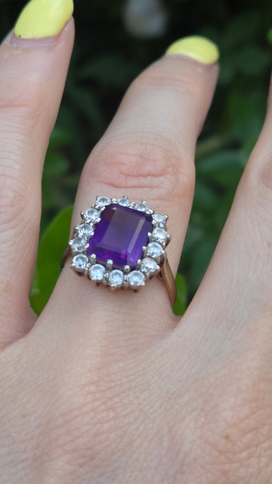 Vintage: 9ct Yellow Gold Amethyst & Simulated Diamond Ring