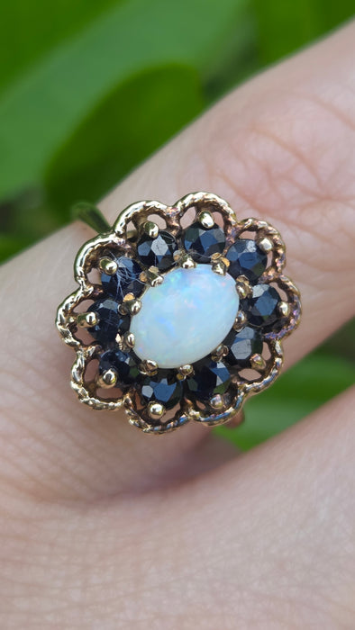 Vintage: 9ct Yellow Gold Opal & Sapphire Cluster Ring — From 1979