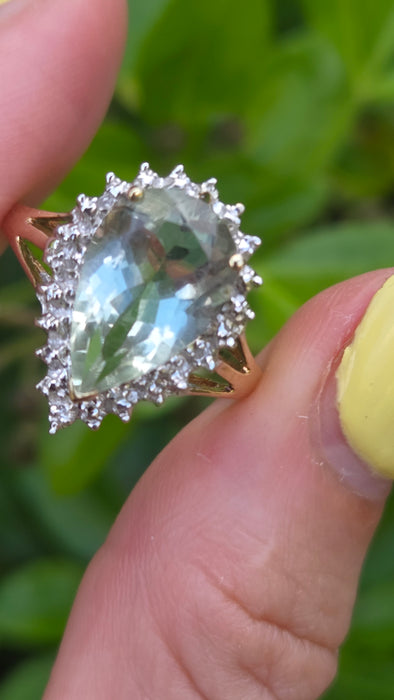 Vintage: 9ct Yellow Gold Green Quartz & Diamond Cluster Ring