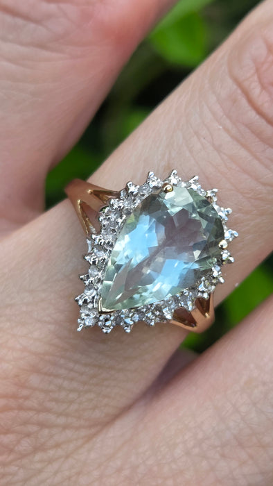 Vintage: 9ct Yellow Gold Green Quartz & Diamond Cluster Ring