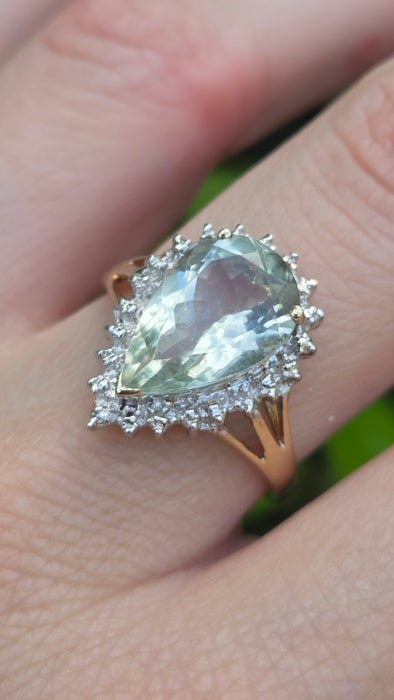Vintage: 9ct Yellow Gold Green Quartz & Diamond Cluster Ring