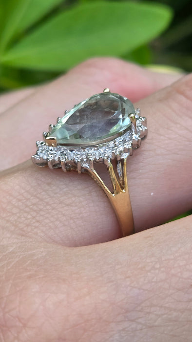 Vintage: 9ct Yellow Gold Green Quartz & Diamond Cluster Ring