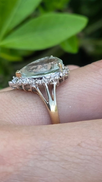Vintage: 9ct Yellow Gold Green Quartz & Diamond Cluster Ring