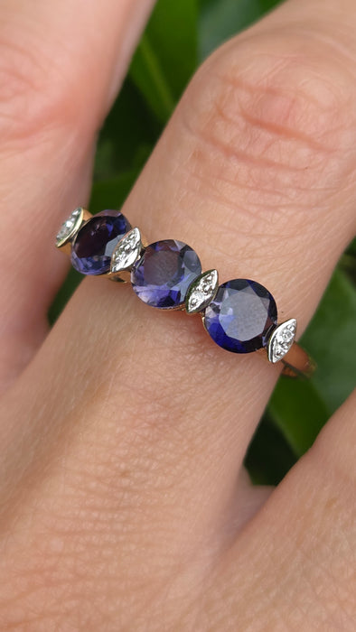 Vintage: 9ct Gold Iolite & Diamond Ring