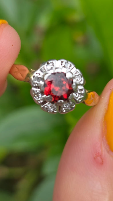 Vintage: 18ct Yellow Gold Garnet & Diamond Cluster Ring — From 1975