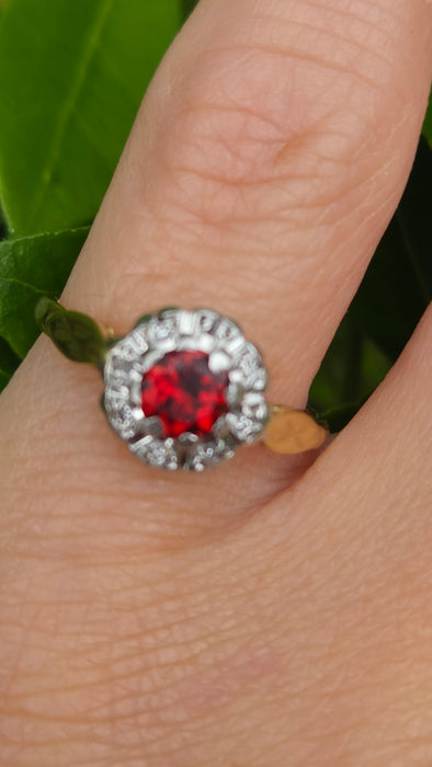 Vintage: 18ct Yellow Gold Garnet & Diamond Cluster Ring — From 1975