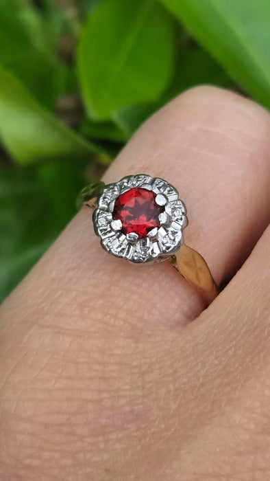 Vintage: 18ct Yellow Gold Garnet & Diamond Cluster Ring — From 1975