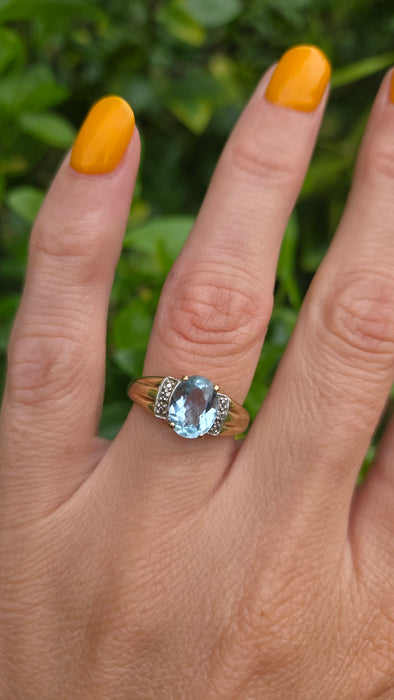 Vintage: 9ct Yellow Gold Swiss Blue Topaz & Diamond Cocktail Ring