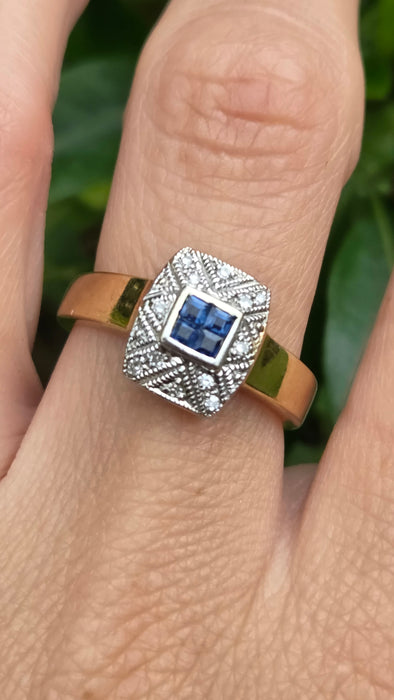 Vintage: 9ct Yellow Gold Art Deco Style Sapphire & Diamond Statement Ring