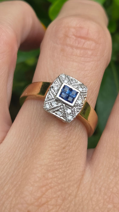 Vintage: 9ct Yellow Gold Art Deco Style Sapphire & Diamond Statement Ring