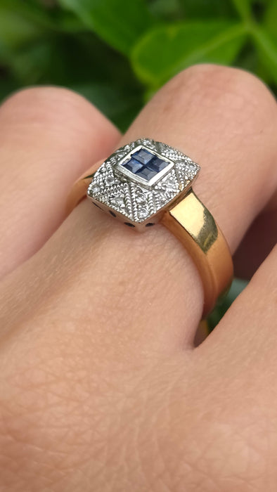 Vintage: 9ct Yellow Gold Art Deco Style Sapphire & Diamond Statement Ring
