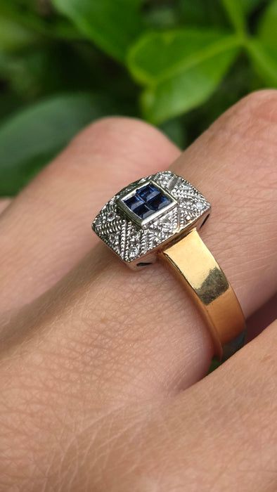 Vintage: 9ct Yellow Gold Art Deco Style Sapphire & Diamond Statement Ring