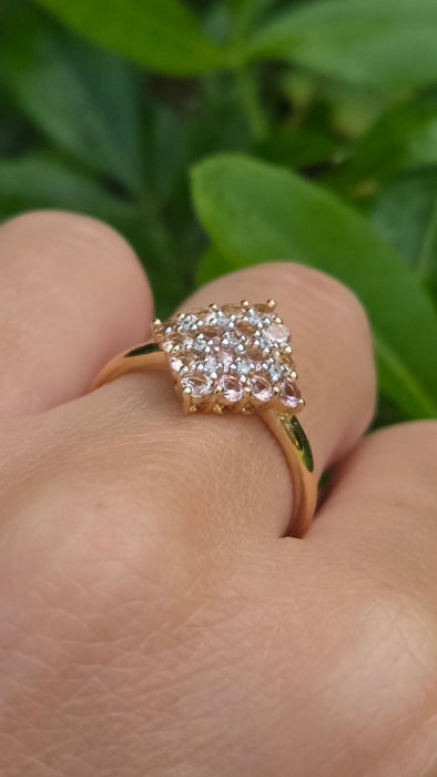 Vintage: 9ct Yellow Gold Morganite & White Spinel Cluster Ring