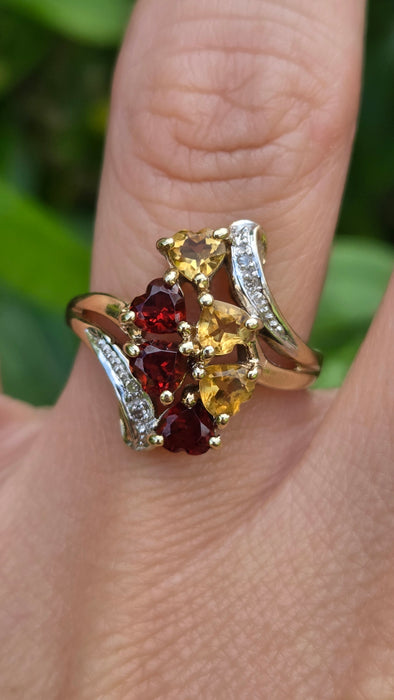 Vintage: 9ct Gold Citrine, Garnet & Diamond Dress Ring