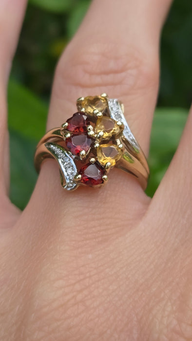 Vintage: 9ct Gold Citrine, Garnet & Diamond Dress Ring
