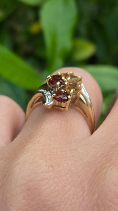 Vintage: 9ct Gold Citrine, Garnet & Diamond Dress Ring