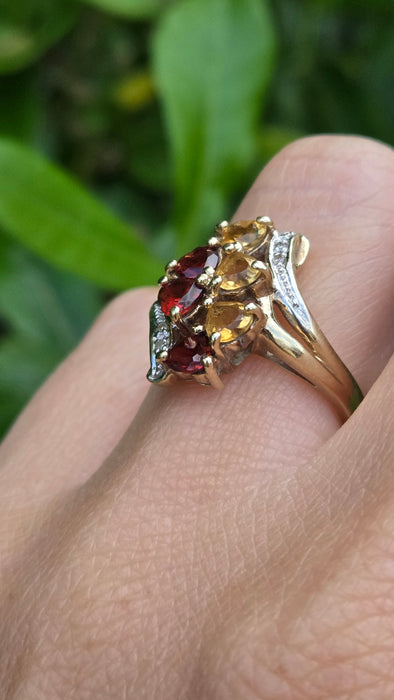 Vintage: 9ct Gold Citrine, Garnet & Diamond Dress Ring