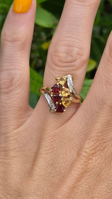 Vintage: 9ct Gold Citrine, Garnet & Diamond Dress Ring
