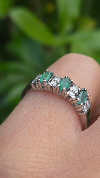 2703: Vintage 18ct White Gold Emeralds Natural Diamonds Ring- From 1978 Rare