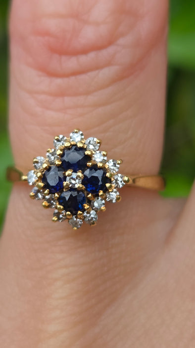 Vintage: 18ct Yellow Gold Sapphire & Diamond Square Offset Cluster Ring — 0.25ct