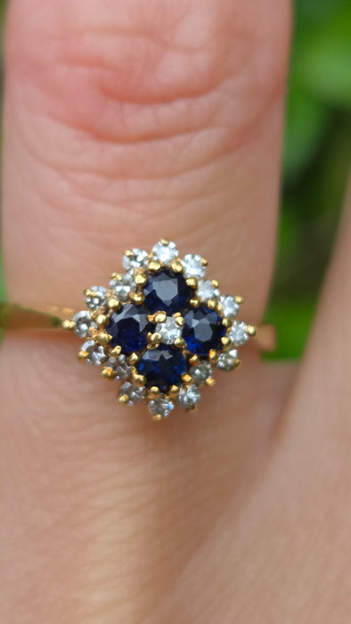 Vintage: 18ct Yellow Gold Sapphire & Diamond Square Offset Cluster Ring — 0.25ct