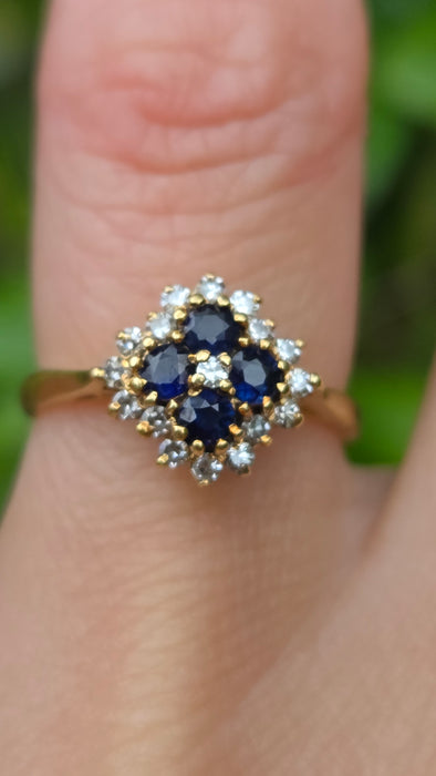 Vintage: 18ct Yellow Gold Sapphire & Diamond Square Offset Cluster Ring — 0.25ct