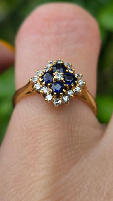 Vintage: 18ct Yellow Gold Sapphire & Diamond Square Offset Cluster Ring — 0.25ct