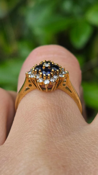 Vintage: 18ct Yellow Gold Sapphire & Diamond Square Offset Cluster Ring — 0.25ct