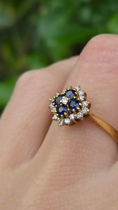Vintage: 18ct Yellow Gold Sapphire & Diamond Square Offset Cluster Ring — 0.25ct