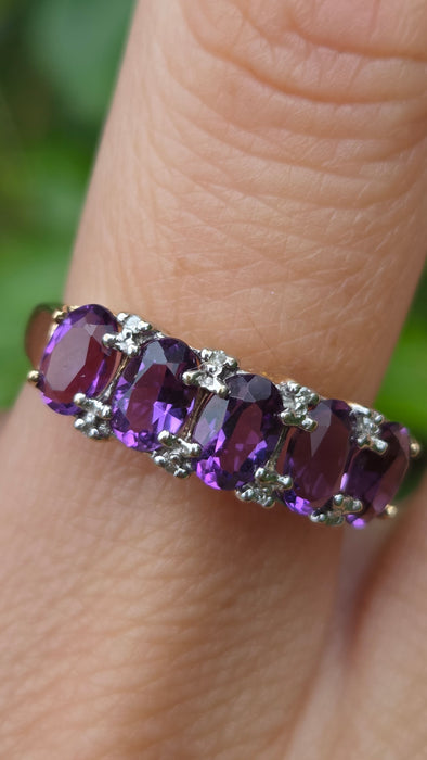 Vintage: 9ct Gold Amethyst & Diamond Half-Eternity Stacker Ring