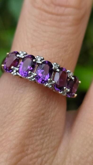 Vintage: 9ct Gold Amethyst & Diamond Half-Eternity Stacker Ring