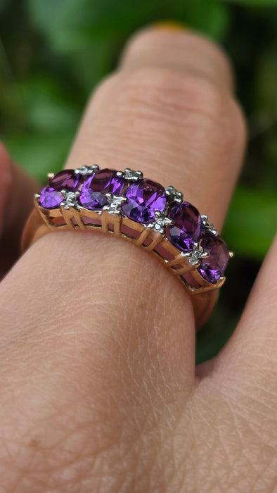 Vintage: 9ct Gold Amethyst & Diamond Half-Eternity Stacker Ring