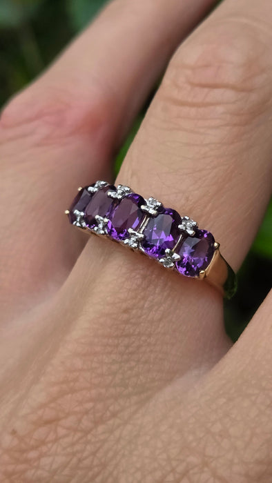 Vintage: 9ct Gold Amethyst & Diamond Half-Eternity Stacker Ring