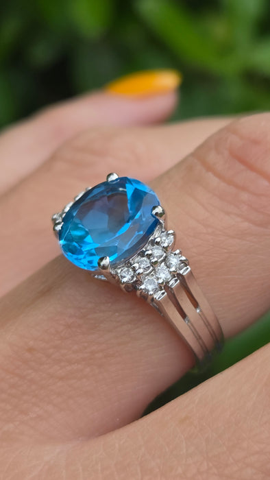 Vintage: 9ct White Gold Swiss Blue Topaz & Diamond Ring — From 2000