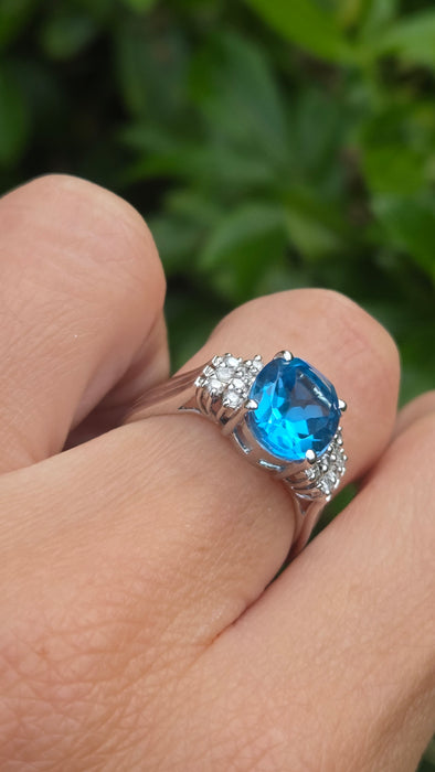 Vintage: 9ct White Gold Swiss Blue Topaz & Diamond Ring — From 2000