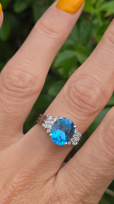 Vintage: 9ct White Gold Swiss Blue Topaz & Diamond Ring — From 2000